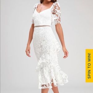 Lulu’s Briarwood White Lace Ruffled Midi Dress
